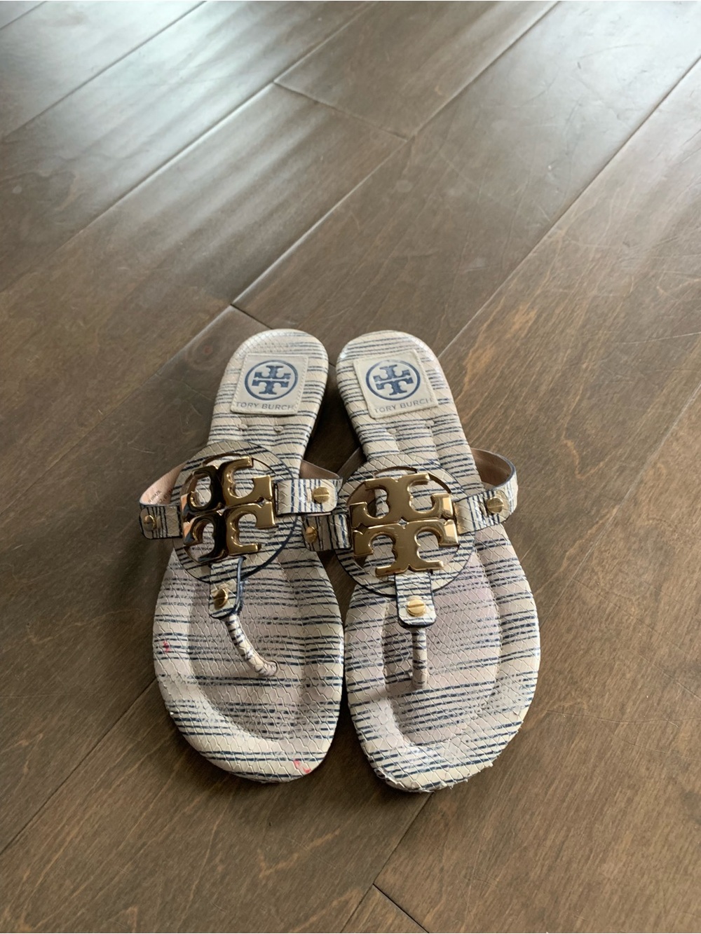 Tory Burch Miller Striped Snakeskin Leather Sandals 6.5